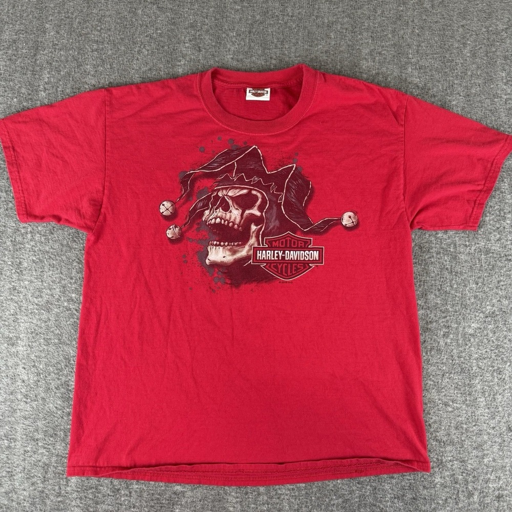 Harley Davidson Skull Jester Shirt Red Large Texas Alamo City Double Sided